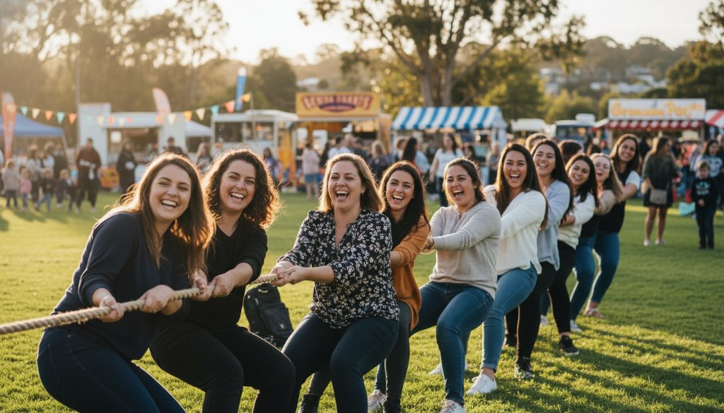 An epic moment captured by expert Croydon Hills event photography for memorable local gatherings, showing a diverse community celebrating joyously at a vibrant outdoor festival in a Croydon Hills park, with dramatic sunset lighting and blurred happy faces in the background.