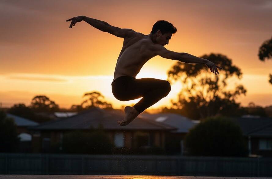 An expert dance photography Dandenong North vibrant performances shot featuring a dancer mid-air in a powerful, graceful leap, illuminated by dramatic stage lighting against a blurred urban Dandenong North backdrop, professional color grading, capturing an epic moment.