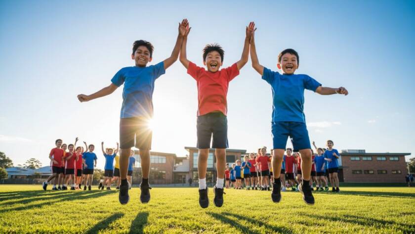 An epic moment captured by expert Dandenong South school photography preserving student milestones, showing a group of diverse primary school students joyfully celebrating a sporting achievement on a sunny Dandenong South school oval, with dynamic action, dramatic lighting, and vibrant colours.
