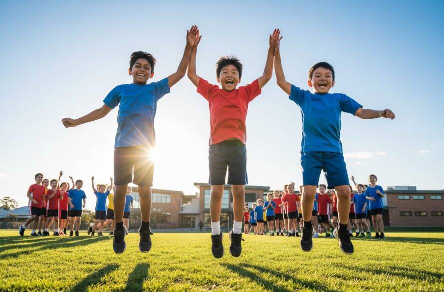 An epic moment captured by expert Dandenong South school photography preserving student milestones, showing a group of diverse primary school students joyfully celebrating a sporting achievement on a sunny Dandenong South school oval, with dynamic action, dramatic lighting, and vibrant colours.
