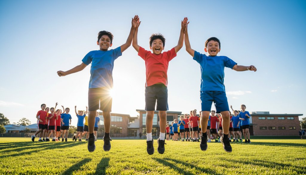 An epic moment captured by expert Dandenong South school photography preserving student milestones, showing a group of diverse primary school students joyfully celebrating a sporting achievement on a sunny Dandenong South school oval, with dynamic action, dramatic lighting, and vibrant colours.