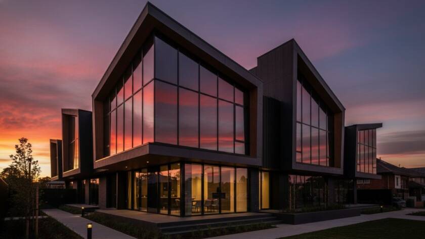An epic golden hour shot showcasing expert Doncaster East architectural photography, featuring a striking modern building with glass facades and dramatic shadows, professionally colour-graded.