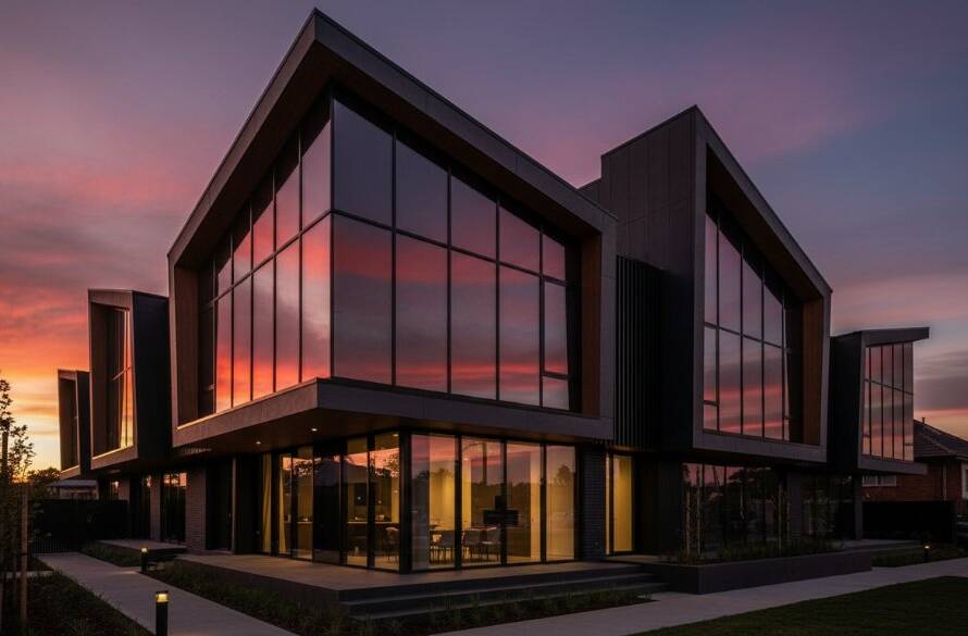 An epic golden hour shot showcasing expert Doncaster East architectural photography, featuring a striking modern building with glass facades and dramatic shadows, professionally colour-graded.