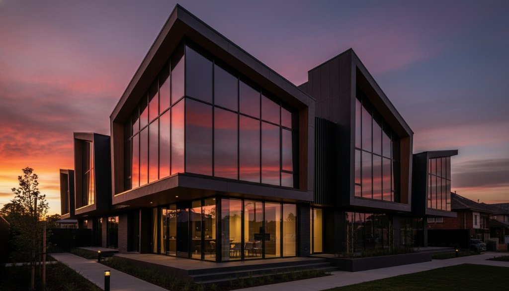 An epic golden hour shot showcasing expert Doncaster East architectural photography, featuring a striking modern building with glass facades and dramatic shadows, professionally colour-graded.