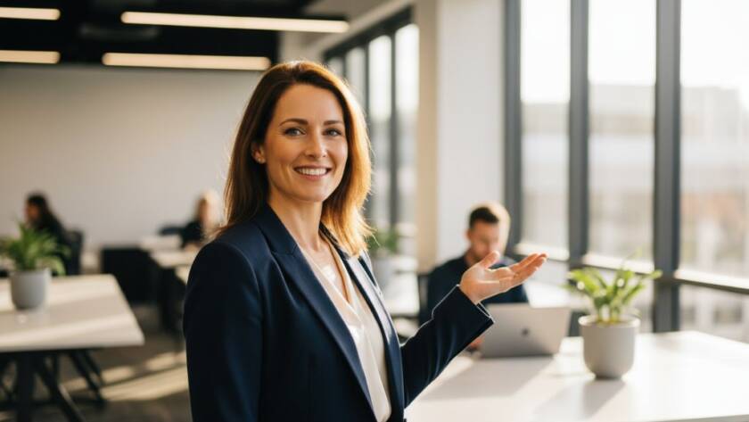 Dramatic, professionally colour-graded photograph featuring a confident business professional receiving expert Doveton corporate headshots for thriving local businesses, set against a modern, sunlit Doveton office interior, showcasing dedication and success.