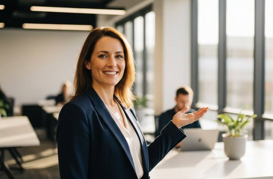 Dramatic, professionally colour-graded photograph featuring a confident business professional receiving expert Doveton corporate headshots for thriving local businesses, set against a modern, sunlit Doveton office interior, showcasing dedication and success.
