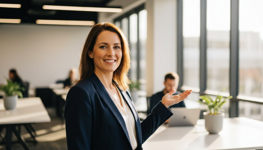 Dramatic, professionally colour-graded photograph featuring a confident business professional receiving expert Doveton corporate headshots for thriving local businesses, set against a modern, sunlit Doveton office interior, showcasing dedication and success.