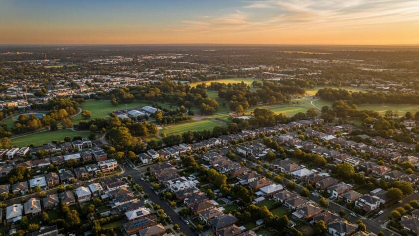 A wide, cinematic drone shot over Bentleigh at sunrise, showcasing modern homes and tree-lined streets bathed in golden light, an example of expert drone photography Bentleigh capturing unique perspectives.