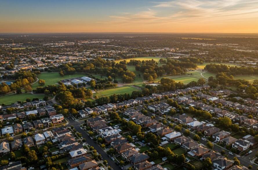 A wide, cinematic drone shot over Bentleigh at sunrise, showcasing modern homes and tree-lined streets bathed in golden light, an example of expert drone photography Bentleigh capturing unique perspectives.