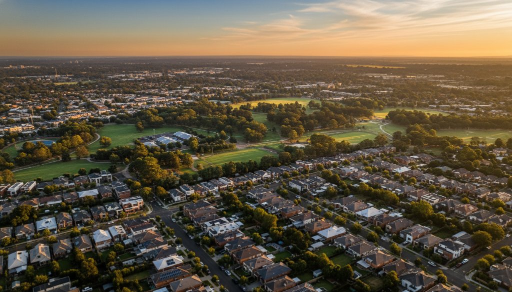 A wide, cinematic drone shot over Bentleigh at sunrise, showcasing modern homes and tree-lined streets bathed in golden light, an example of expert drone photography Bentleigh capturing unique perspectives.