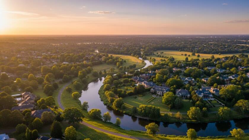 An epic aerial shot over Templestowe showing a vibrant sunset casting long shadows over the Yarra River and lush green properties, expertly captured with professional drone photography, showcasing breathtaking views.