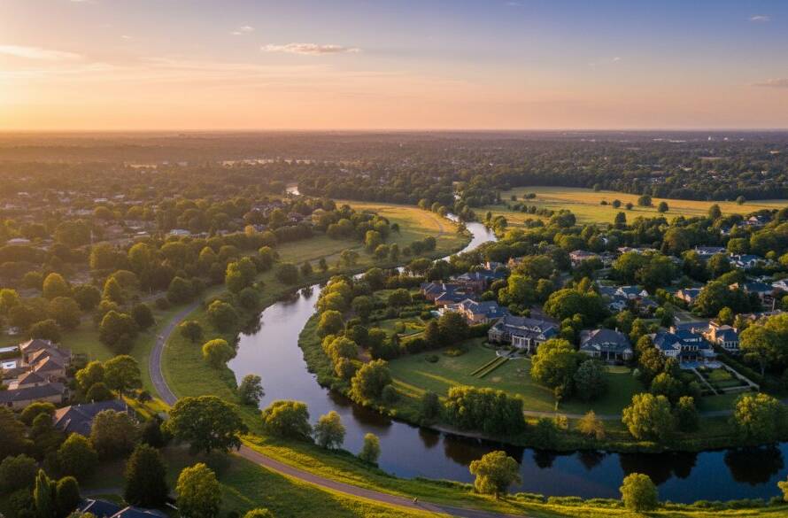 An epic aerial shot over Templestowe showing a vibrant sunset casting long shadows over the Yarra River and lush green properties, expertly captured with professional drone photography, showcasing breathtaking views.