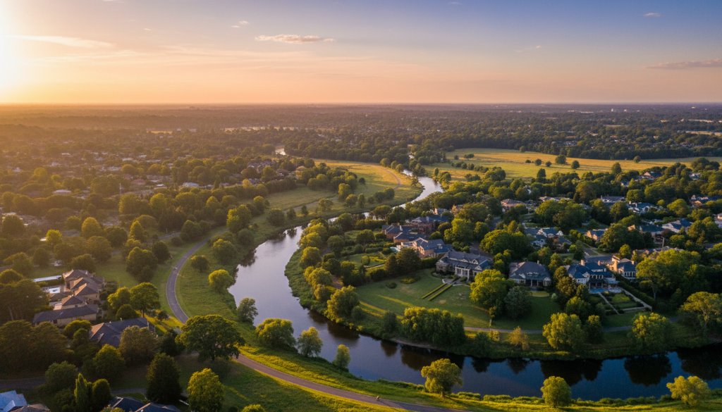 An epic aerial shot over Templestowe showing a vibrant sunset casting long shadows over the Yarra River and lush green properties, expertly captured with professional drone photography, showcasing breathtaking views.