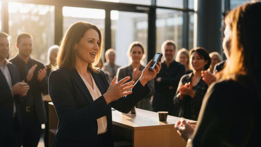 An 'epic moment' shot capturing a local business owner passionately explaining their innovative product launch at a modern venue in Clayton, Victoria, embodying the spirit of Expert Editorial Photography Clayton Victoria Storytelling, with dramatic backlighting and a focused expression.