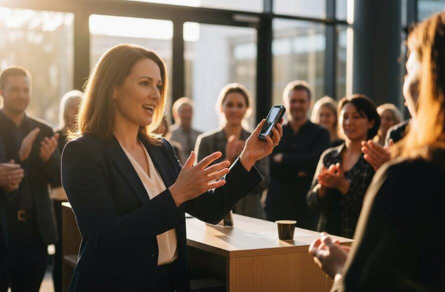 An 'epic moment' shot capturing a local business owner passionately explaining their innovative product launch at a modern venue in Clayton, Victoria, embodying the spirit of Expert Editorial Photography Clayton Victoria Storytelling, with dramatic backlighting and a focused expression.