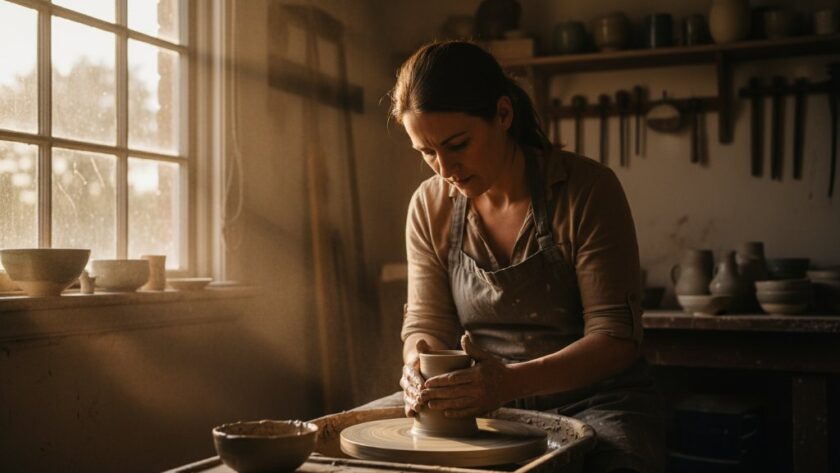 An epic moment captured through Expert Editorial Photography Kyneton Victorian Arts & Culture, showing a local artisan intensely focused on sculpting a unique piece in their sun-drenched Kyneton studio, dramatic side lighting enhancing the textures of their craft, professionally color-graded.