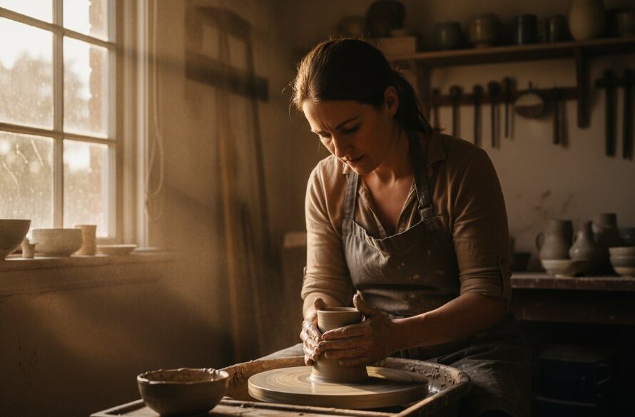 An epic moment captured through Expert Editorial Photography Kyneton Victorian Arts & Culture, showing a local artisan intensely focused on sculpting a unique piece in their sun-drenched Kyneton studio, dramatic side lighting enhancing the textures of their craft, professionally color-graded.