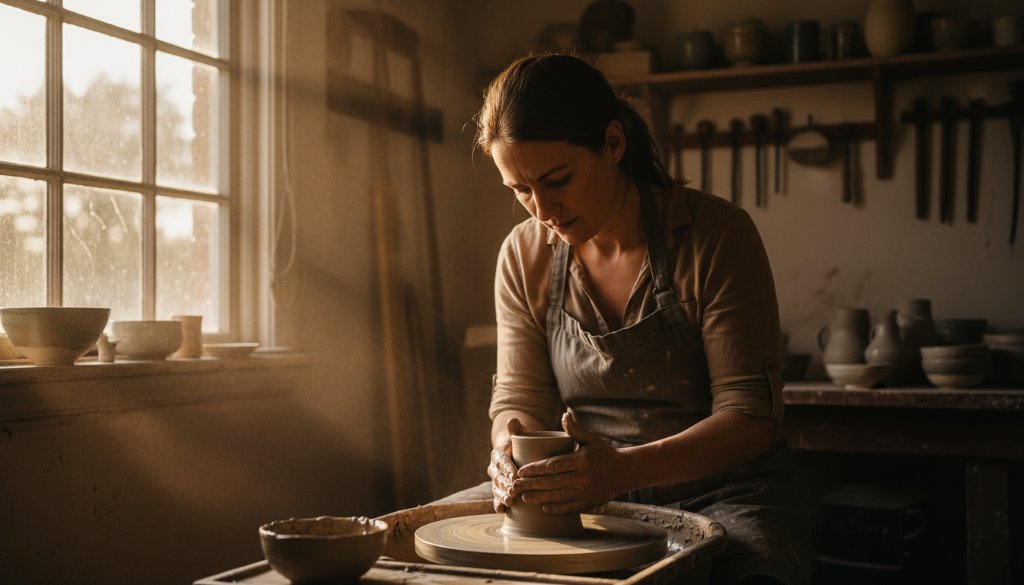 An epic moment captured through Expert Editorial Photography Kyneton Victorian Arts & Culture, showing a local artisan intensely focused on sculpting a unique piece in their sun-drenched Kyneton studio, dramatic side lighting enhancing the textures of their craft, professionally color-graded.