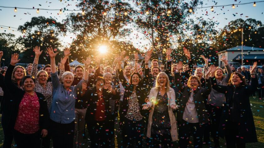 An epic moment of jubilant attendees celebrating at a vibrant community festival in Churchill, Victoria, showcasing expert event coverage Churchill Victoria special moments. The photo captures dynamic energy, confetti in the air, and genuine smiles under dramatic evening lights, with the local Churchill landscape subtly in the background.