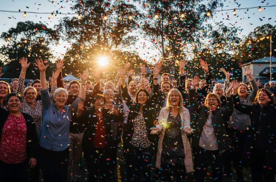 An epic moment of jubilant attendees celebrating at a vibrant community festival in Churchill, Victoria, showcasing expert event coverage Churchill Victoria special moments. The photo captures dynamic energy, confetti in the air, and genuine smiles under dramatic evening lights, with the local Churchill landscape subtly in the background.