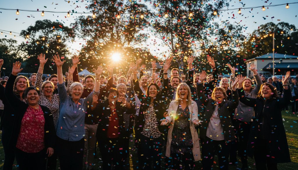 An epic moment of jubilant attendees celebrating at a vibrant community festival in Churchill, Victoria, showcasing expert event coverage Churchill Victoria special moments. The photo captures dynamic energy, confetti in the air, and genuine smiles under dramatic evening lights, with the local Churchill landscape subtly in the background.