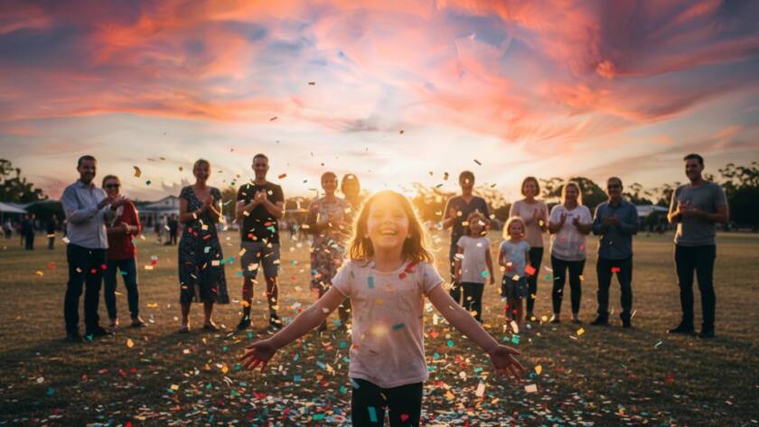 An emotionally resonant, epic moment captured by an expert event photographer in Melton, showing a vibrant community celebration at sunset with dramatic lens flare and genuine joy on faces, professionally colour-graded.