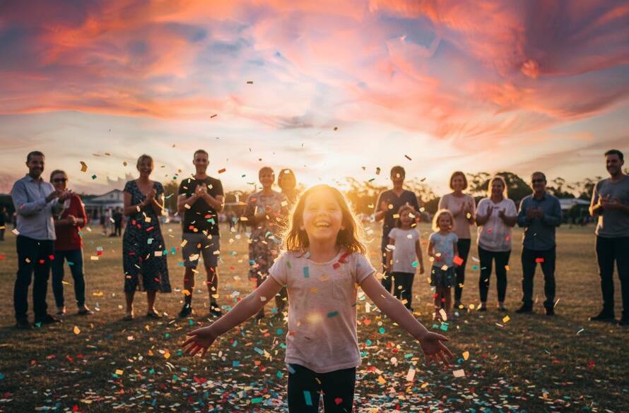 An emotionally resonant, epic moment captured by an expert event photographer in Melton, showing a vibrant community celebration at sunset with dramatic lens flare and genuine joy on faces, professionally colour-graded.