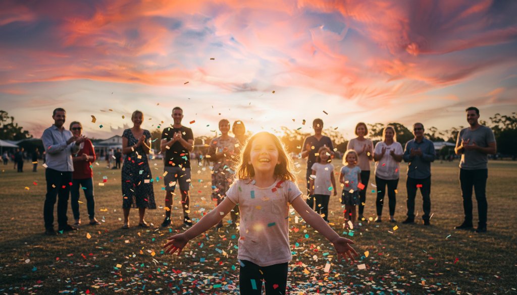 An emotionally resonant, epic moment captured by an expert event photographer in Melton, showing a vibrant community celebration at sunset with dramatic lens flare and genuine joy on faces, professionally colour-graded.