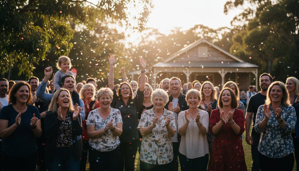 A candid, emotionally charged photograph of a local festival in Vermont South, capturing an Expert Event Photographer Vermont South Local Events hero shot of people laughing and connecting under warm, evening lights, with a professional, cinematic colour grade.