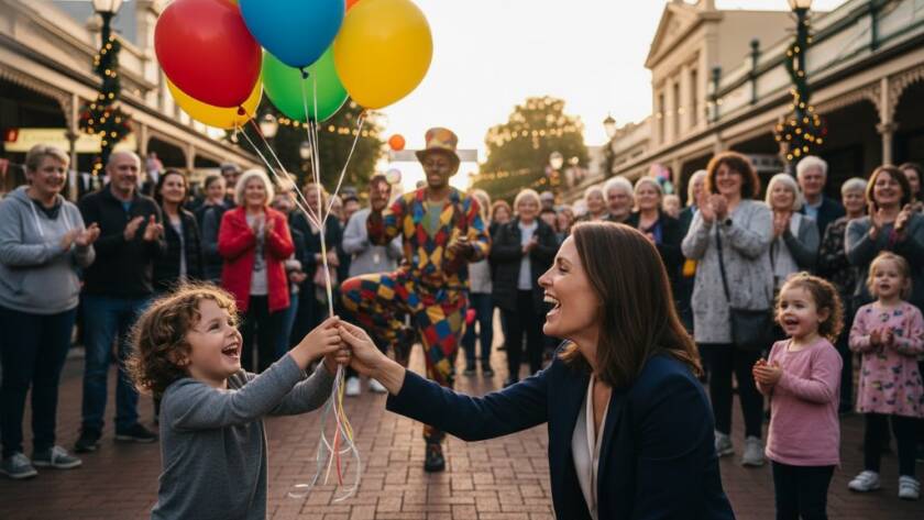 An expert event photography Camberwell Victoria captures an 'epic moment' of joy and laughter during a vibrant community festival near the iconic Camberwell Market, with dynamic lighting illuminating the celebrating crowd and street performers.