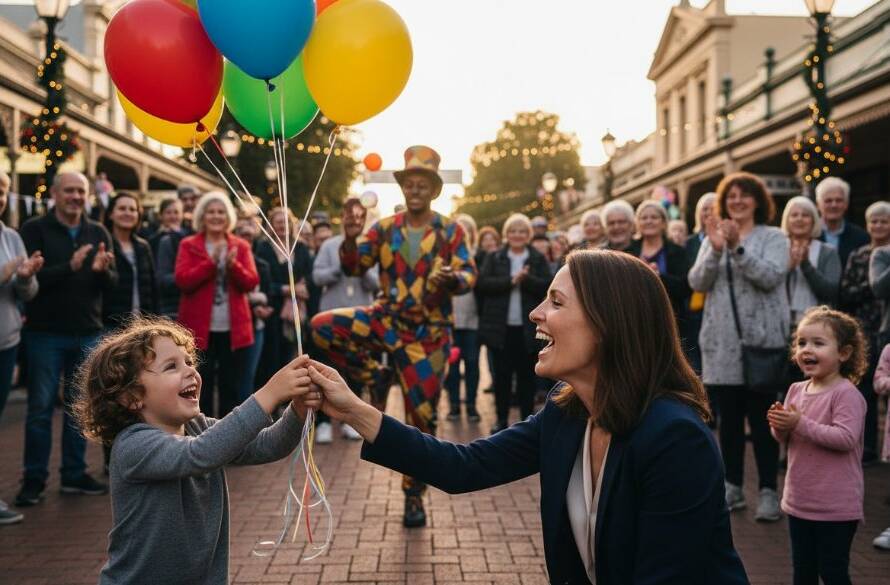 An expert event photography Camberwell Victoria captures an 'epic moment' of joy and laughter during a vibrant community festival near the iconic Camberwell Market, with dynamic lighting illuminating the celebrating crowd and street performers.