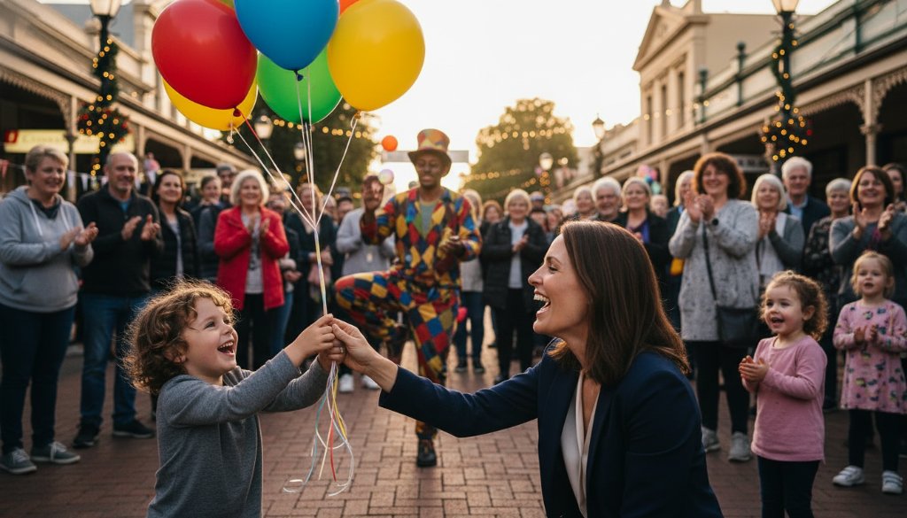 An expert event photography Camberwell Victoria captures an 'epic moment' of joy and laughter during a vibrant community festival near the iconic Camberwell Market, with dynamic lighting illuminating the celebrating crowd and street performers.