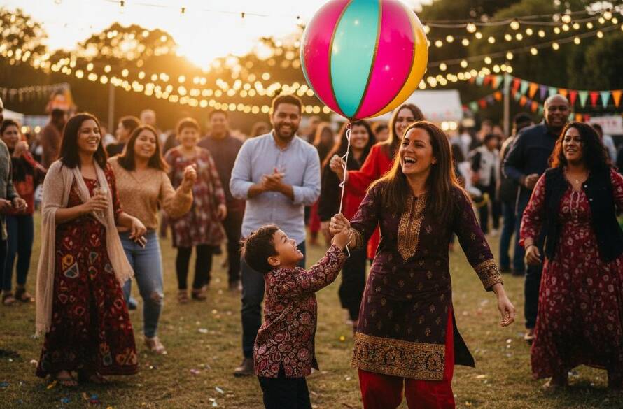 A candid, dramatic photograph of a joyous moment at a community festival in Frankston North, Victoria, featuring diverse families laughing and interacting under festive lights, captured by expert event photography Frankston North Victoria, with a shallow depth of field and professional colour grading.