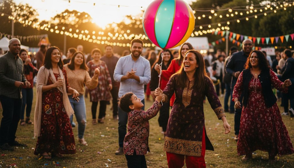 A candid, dramatic photograph of a joyous moment at a community festival in Frankston North, Victoria, featuring diverse families laughing and interacting under festive lights, captured by expert event photography Frankston North Victoria, with a shallow depth of field and professional colour grading.