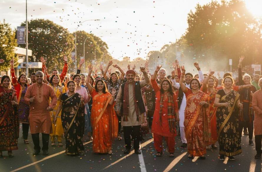 A wide, dynamic shot by a professional for Expert Event Photography Noble Park Community Festivals, capturing a joyous, colourful crowd cheering during a sunset cultural parade in Noble Park, featuring vibrant traditional attire, dramatic golden hour lighting, and confetti in the air, embodying an epic moment of local celebration.