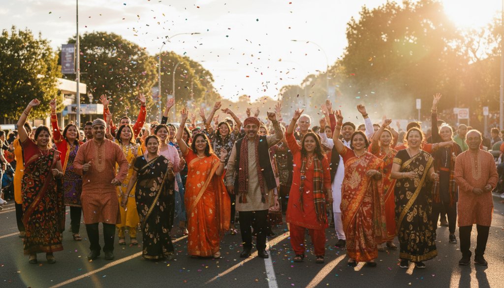 A wide, dynamic shot by a professional for Expert Event Photography Noble Park Community Festivals, capturing a joyous, colourful crowd cheering during a sunset cultural parade in Noble Park, featuring vibrant traditional attire, dramatic golden hour lighting, and confetti in the air, embodying an epic moment of local celebration.