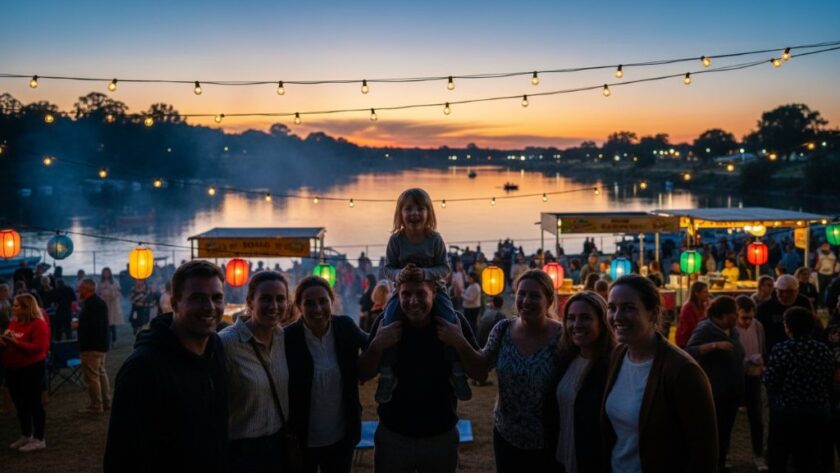 An emotional wide shot by an expert event photography Seymour Victoria capturing precious memories, showing a vibrant community festival gathering under twilight in Seymour, Victoria, with laughter and colourful lights.