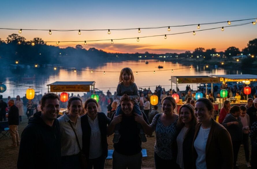 An emotional wide shot by an expert event photography Seymour Victoria capturing precious memories, showing a vibrant community festival gathering under twilight in Seymour, Victoria, with laughter and colourful lights.