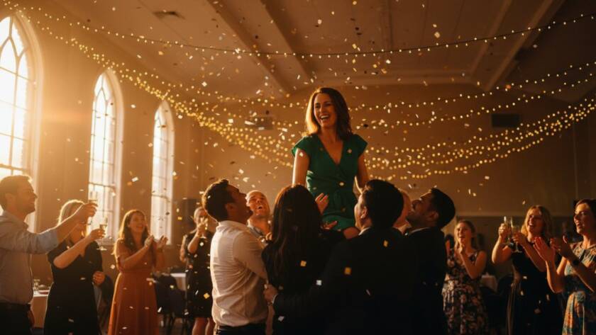 Dynamic, wide-angle shot of an epic moment at a vibrant outdoor birthday party in Templestowe Lower, with guests laughing and embracing, captured by expert event photography Templestowe Lower, showcasing authentic joy with warm, golden hour lighting.