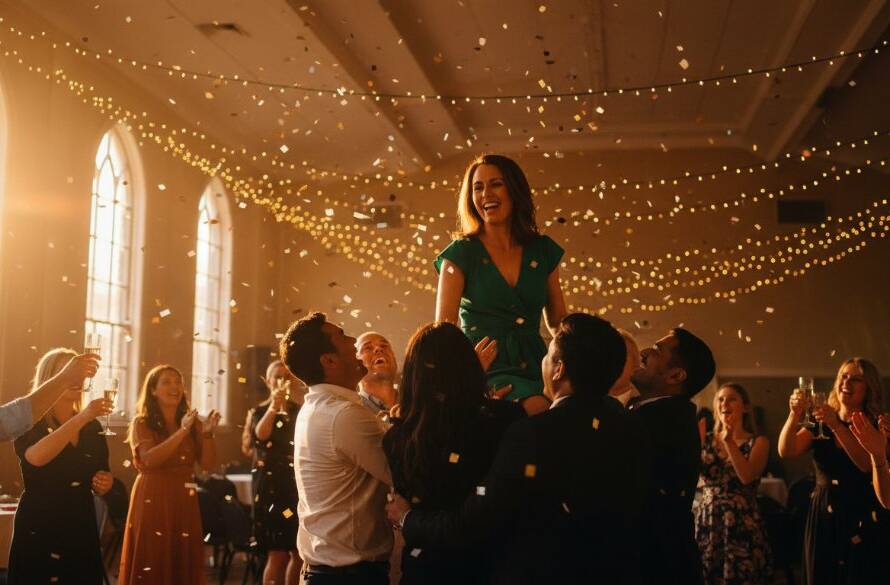 Dynamic, wide-angle shot of an epic moment at a vibrant outdoor birthday party in Templestowe Lower, with guests laughing and embracing, captured by expert event photography Templestowe Lower, showcasing authentic joy with warm, golden hour lighting.