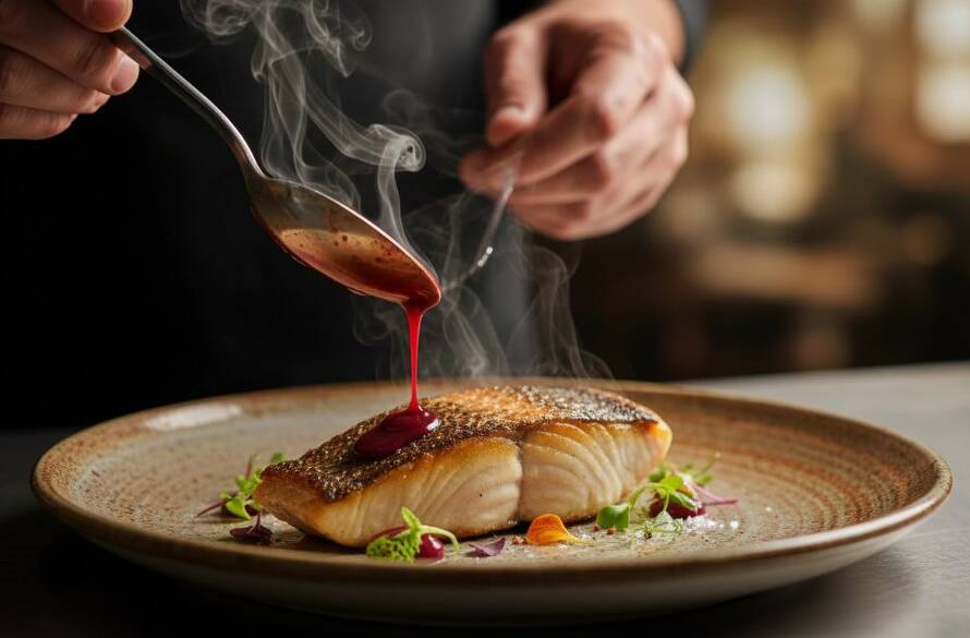 Dramatic close-up of a perfectly plated gourmet dish, steam gently rising, professionally lit to highlight textures and colours, creating an epic moment of culinary artistry at a Templestowe VIC restaurant, showcasing expert food photography Templestowe VIC restaurants and cafes.