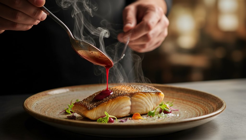 Dramatic close-up of a perfectly plated gourmet dish, steam gently rising, professionally lit to highlight textures and colours, creating an epic moment of culinary artistry at a Templestowe VIC restaurant, showcasing expert food photography Templestowe VIC restaurants and cafes.