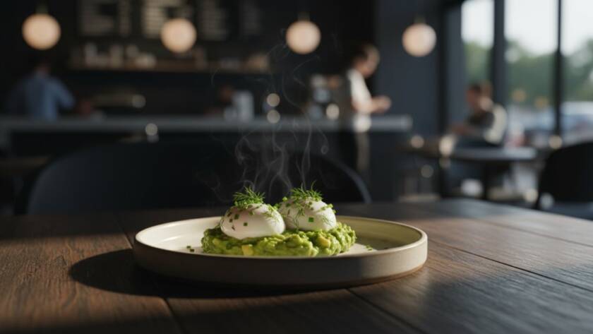 A stunning, dramatically lit flat lay of gourmet brunch dishes and specialty coffee, showcasing expert food photography Williams Landing cafes, with a blurred background suggesting a bustling cafe atmosphere.