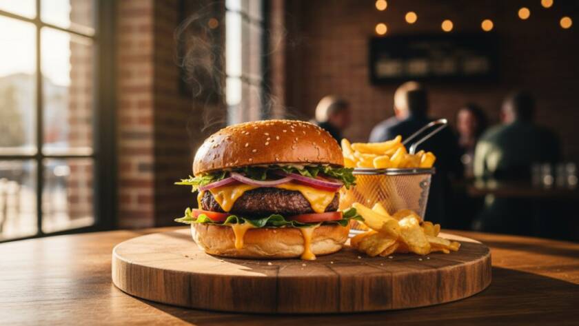 Dramatic close-up of a vibrant, perfectly styled dish from a Croydon South eatery, showcasing the expert food styling and photography. Golden hour light catches steam rising, creating an enticing, cinematic culinary scene.