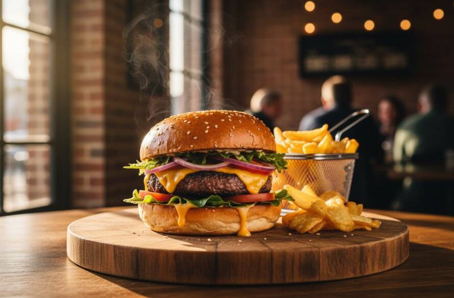 Dramatic close-up of a vibrant, perfectly styled dish from a Croydon South eatery, showcasing the expert food styling and photography. Golden hour light catches steam rising, creating an enticing, cinematic culinary scene.