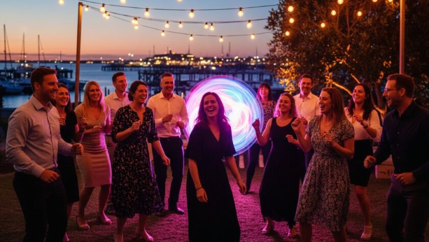 An epic moment of joyful guests laughing and dancing under vibrant string lights at an outdoor celebration in Geelong, expertly captured by Image by SD, showcasing expert Geelong party photography for unforgettable celebrations.