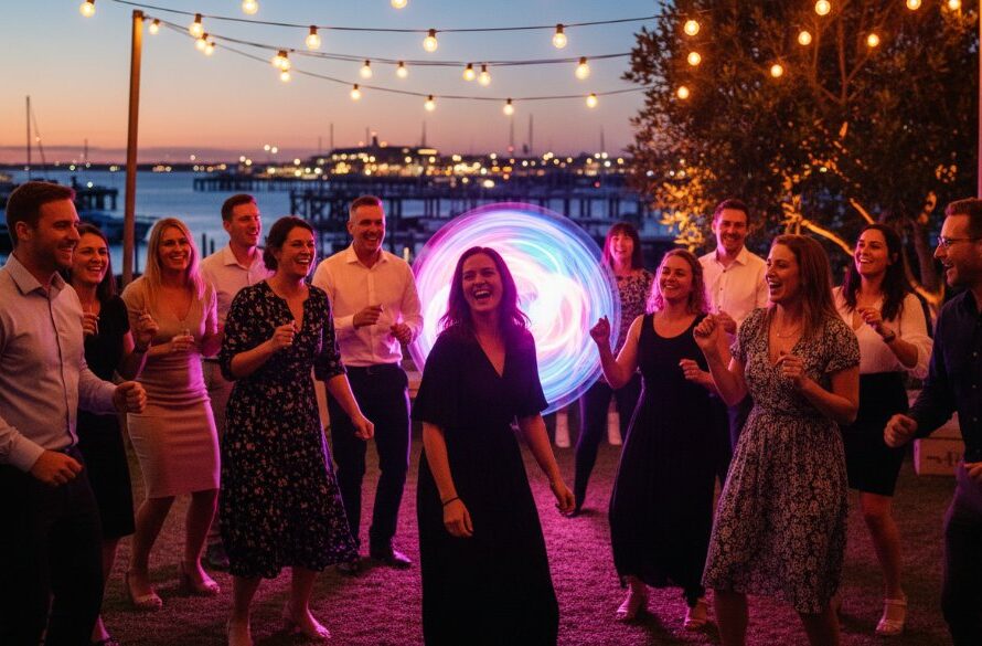An epic moment of joyful guests laughing and dancing under vibrant string lights at an outdoor celebration in Geelong, expertly captured by Image by SD, showcasing expert Geelong party photography for unforgettable celebrations.