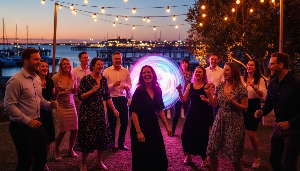 An epic moment of joyful guests laughing and dancing under vibrant string lights at an outdoor celebration in Geelong, expertly captured by Image by SD, showcasing expert Geelong party photography for unforgettable celebrations.