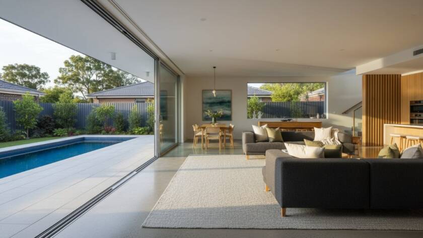 An expertly composed wide-angle shot capturing the stunning interior and lush garden view of a modern family home in Knoxfield, bathed in golden hour light, highlighting expert Knoxfield real estate photography for faster sales through dramatic shadows and inviting warmth.