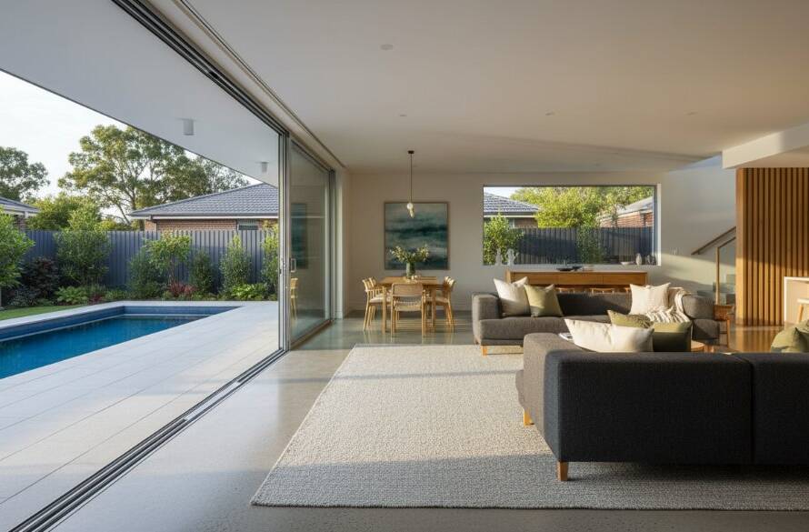 An expertly composed wide-angle shot capturing the stunning interior and lush garden view of a modern family home in Knoxfield, bathed in golden hour light, highlighting expert Knoxfield real estate photography for faster sales through dramatic shadows and inviting warmth.